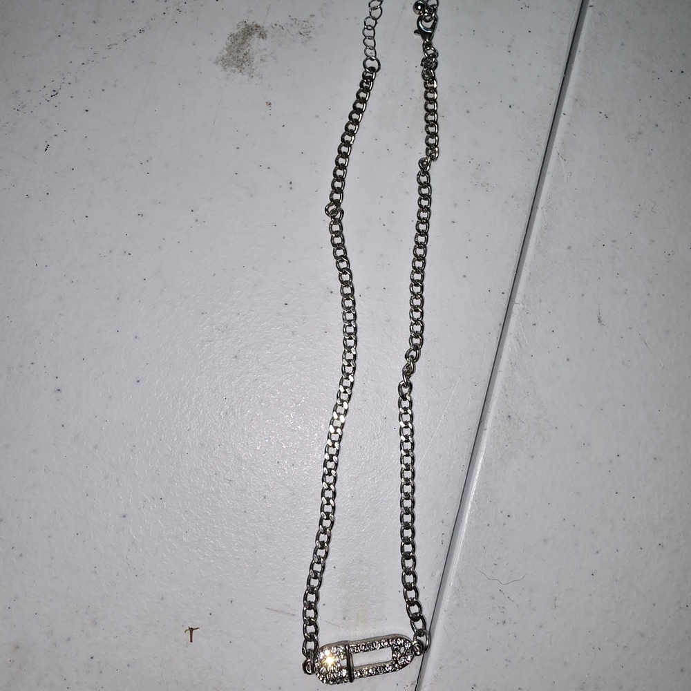 Silver Chain Necklace with Rhinestone Safety Pin